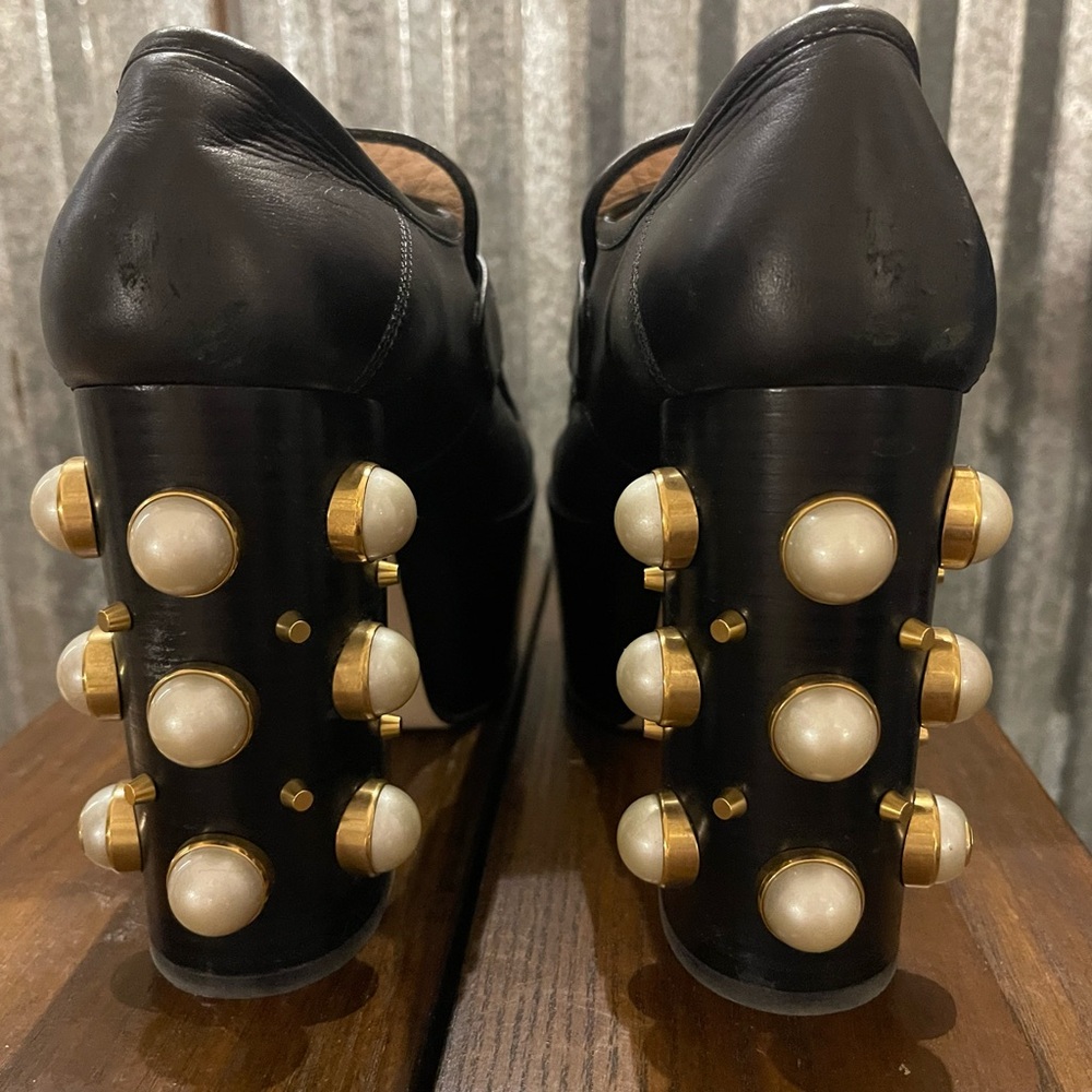 Gucci Black Platform Loafers with Gold and Pearl Accents - Picture 3 of 5